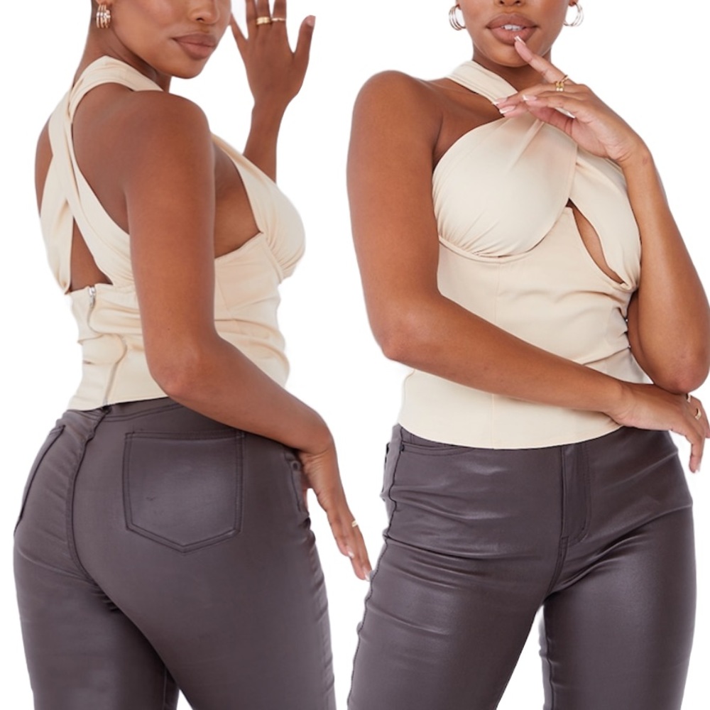 PrettyLittleThing underbust woven crossover top zip back Size 2 stretchy